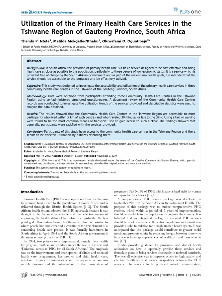Utilization of The Primary Health Care Services in The Tshwane Region ...