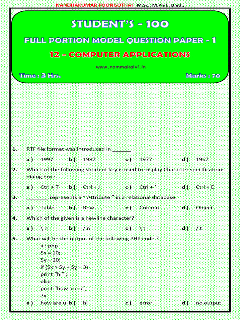 Computer Applications Model Question Paper | PDF | Computing | Software