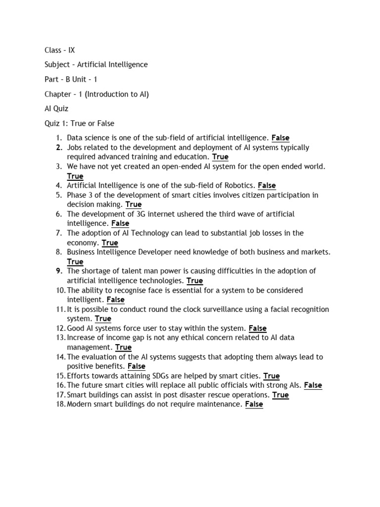 AI Quiz for Class IX Students | PDF | Artificial Intelligence ...