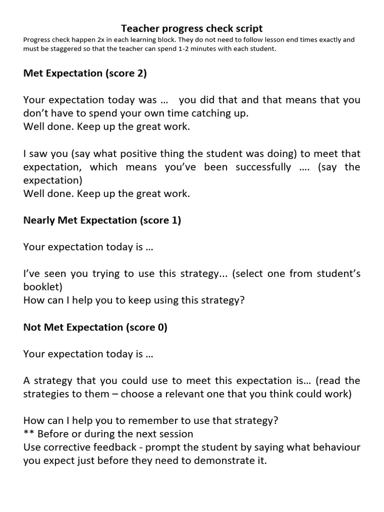 Teacher Progress Check Script Guide | PDF | Learning | Behavior ...