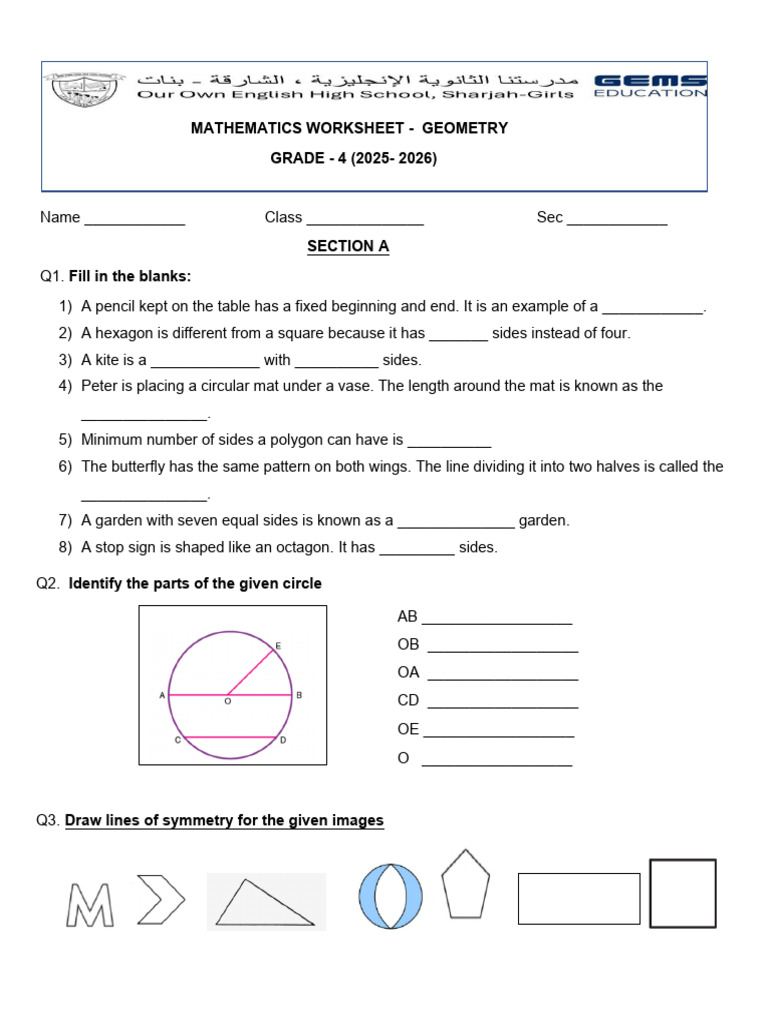 Grade4 Classworksheet Geometry 2025-26 | PDF | Circle | Rectangle