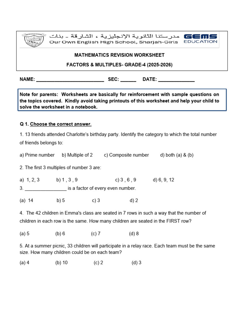 Grade 4 Factors & Multiples Worksheet | PDF | Numbers | Discrete ...