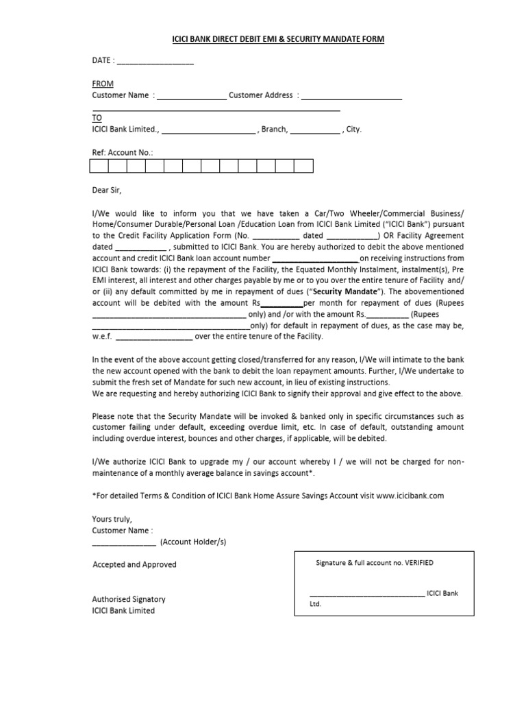 ICICI Bank Direct Debit EMI Mandate Form | PDF | Banks | Debits And Credits