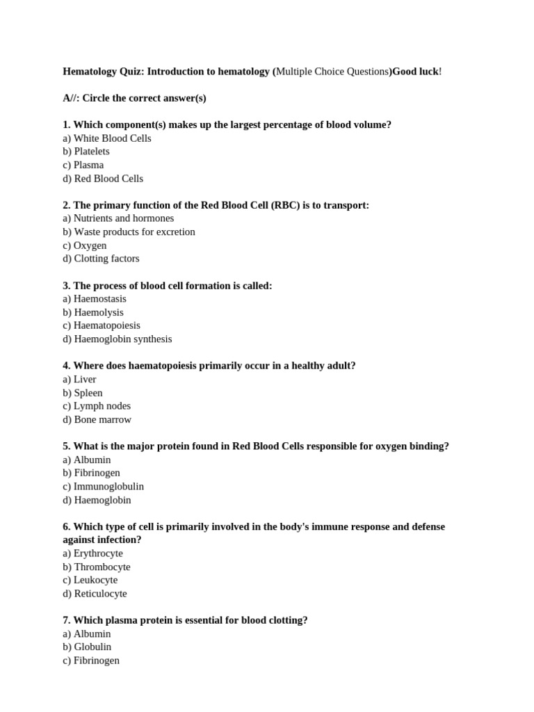 Hematology Quiz: Blood Components & Functions | PDF