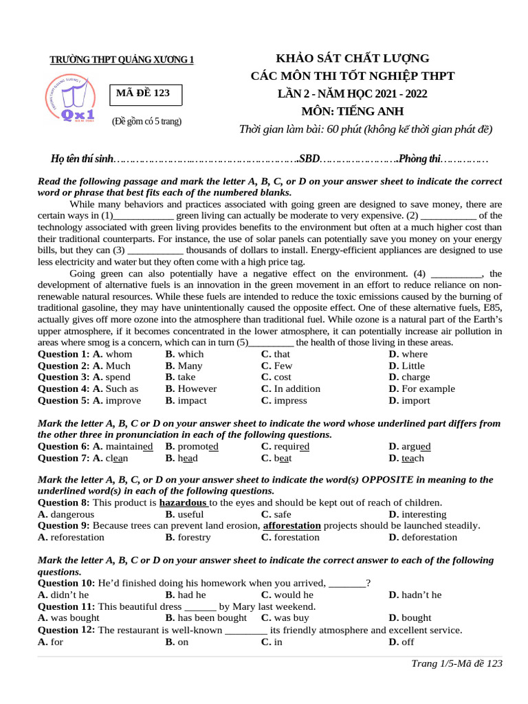 Mã đề 123 | PDF | Diet (Nutrition) | Diet & Nutrition