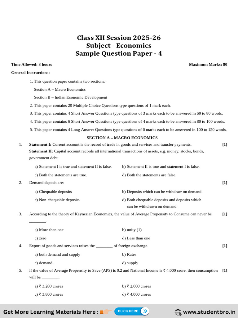 Class XII Economics Sample Paper 2025 | PDF | Government Spending ...