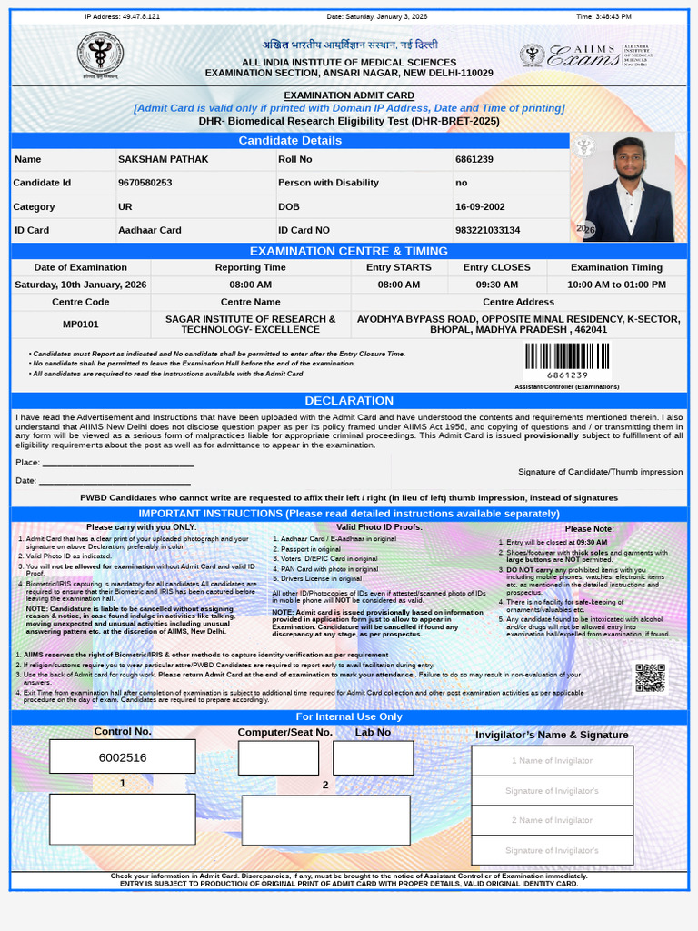 AIIMS Exam Admit Card 2026 Details | PDF | Identity Document ...