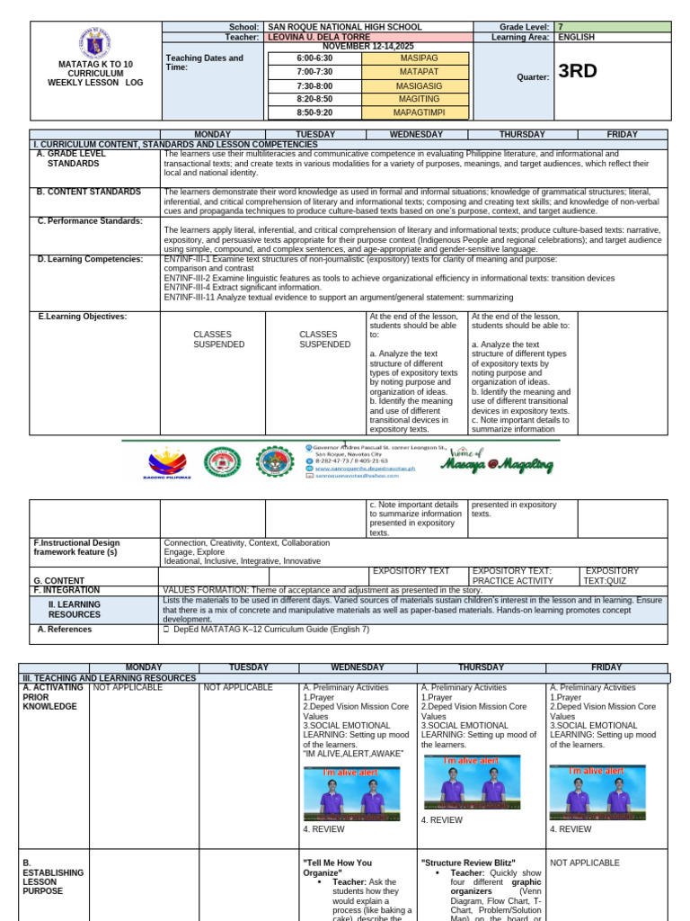 Grade 7 English Weekly Lesson Plan | PDF | Information | Curriculum