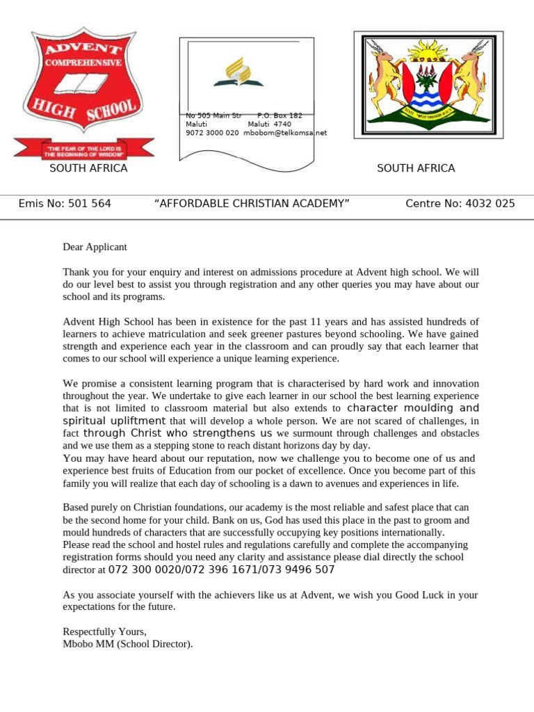 Advent High School Admission Guide | PDF | Boarding School