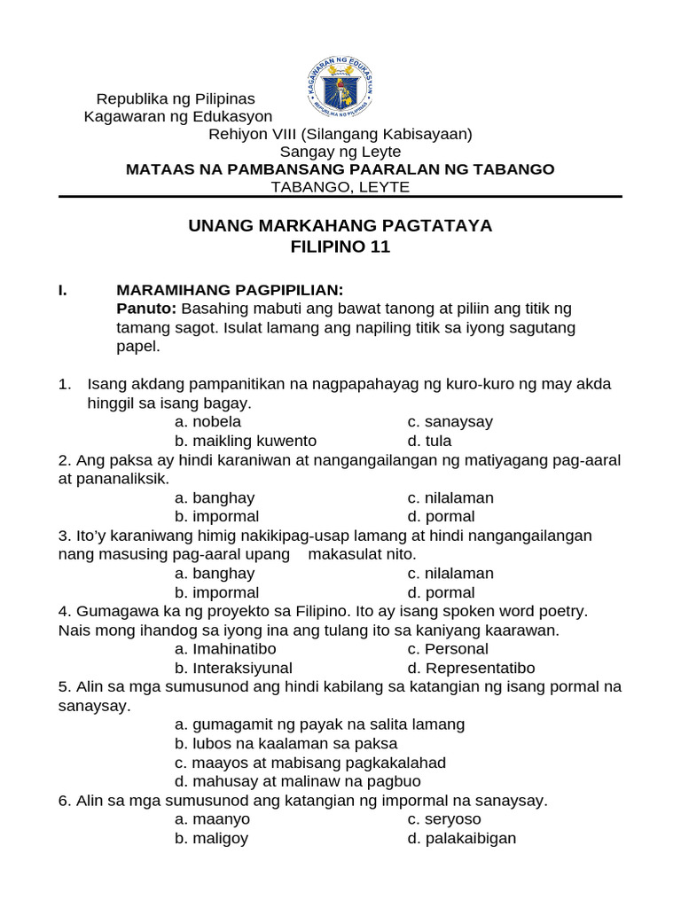 Filipino - 1st Summative Test Booklet Format | PDF