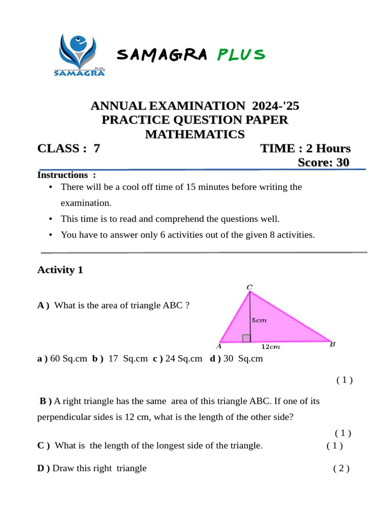 Class 7 Mathematics Practice Paper 2024 | PDF | Area | Elementary Geometry