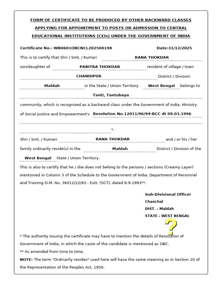 OBC Certificate for Appointment and Admission | PDF | Empowerment ...