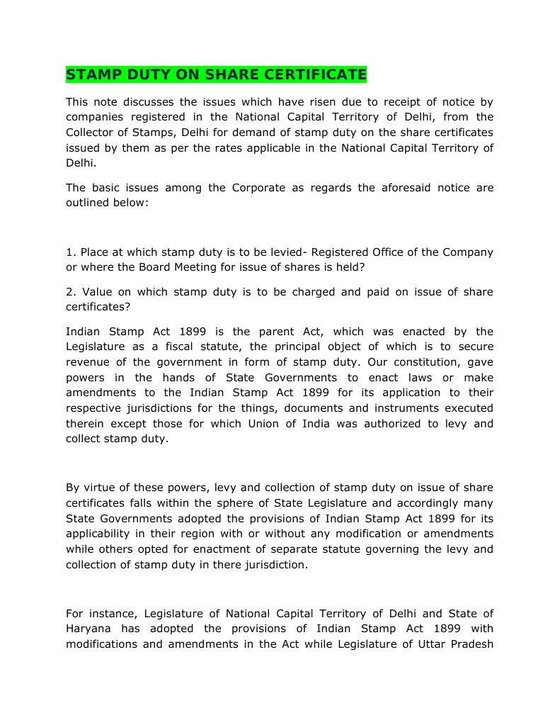 Stamp Duty on Share Certificate Postage Stamp Delhi