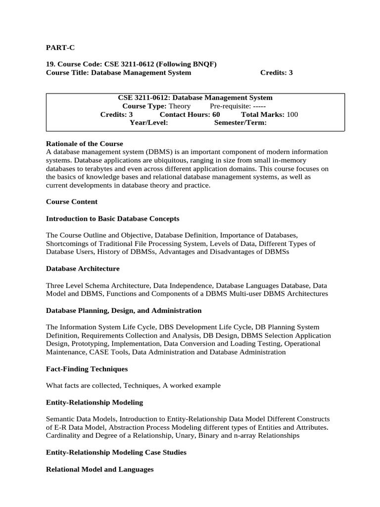 Database Management System Course Outline | PDF | Databases | Engineering