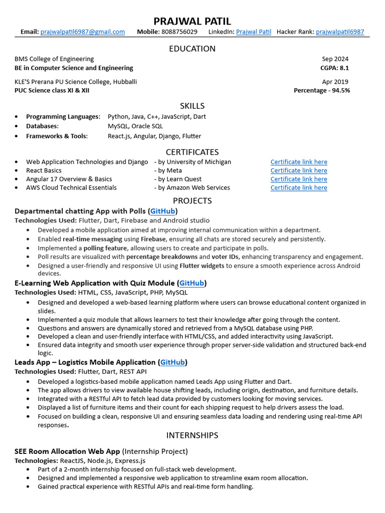Prajwal Patil: Computer Science CV | PDF | Mobile App | Web Application