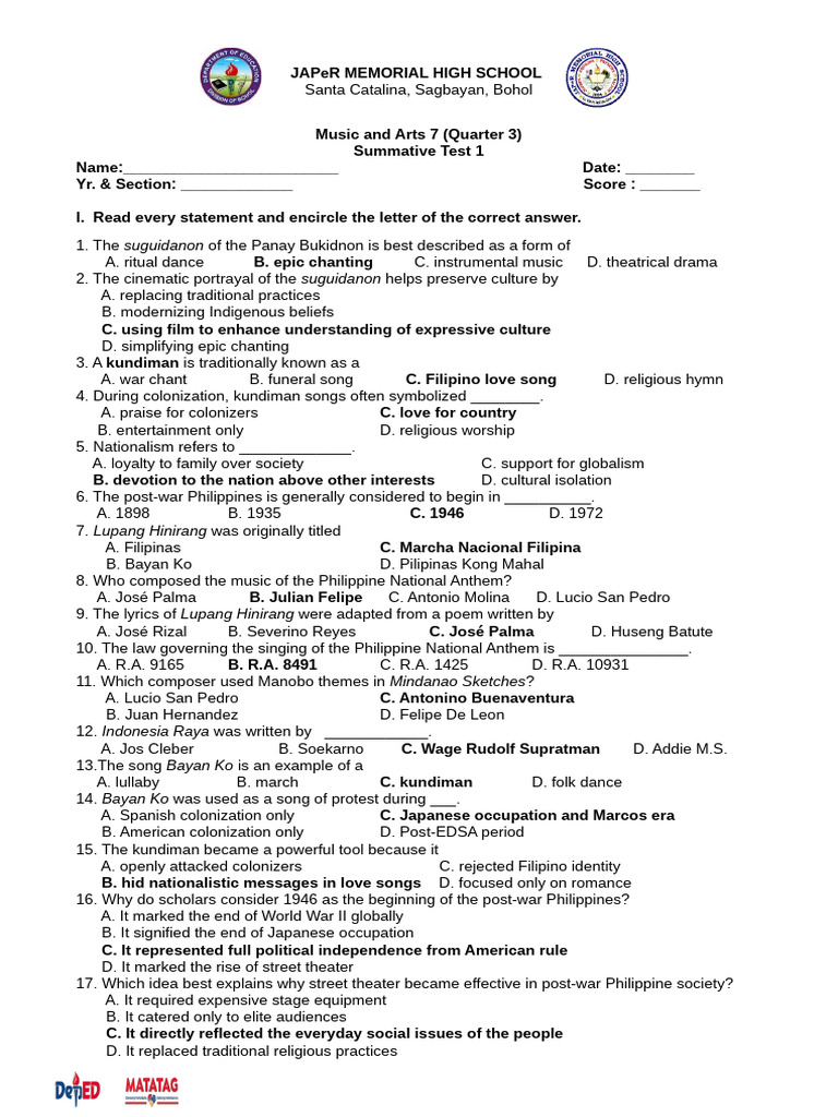 Music and Arts 7 Q3 Summative Test 1 | PDF | Philippines
