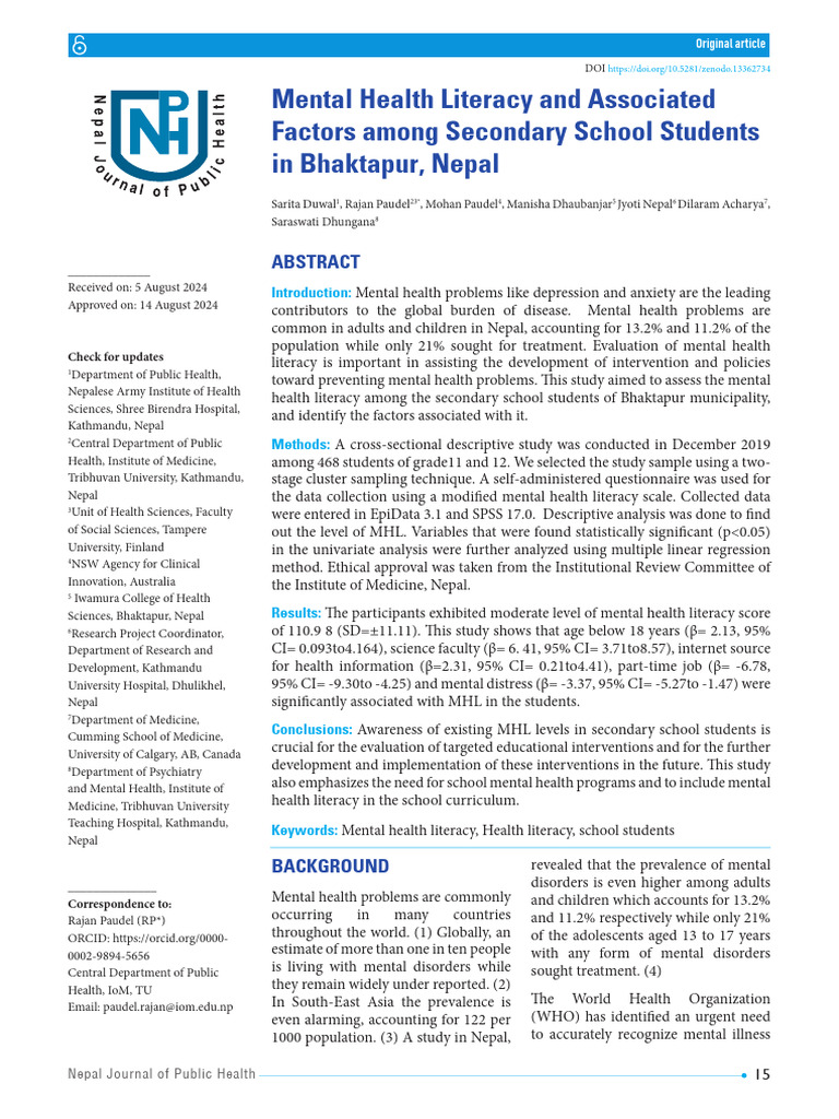 Mental Health Literacy in Bhaktapur Students | PDF | Mental Disorder ...
