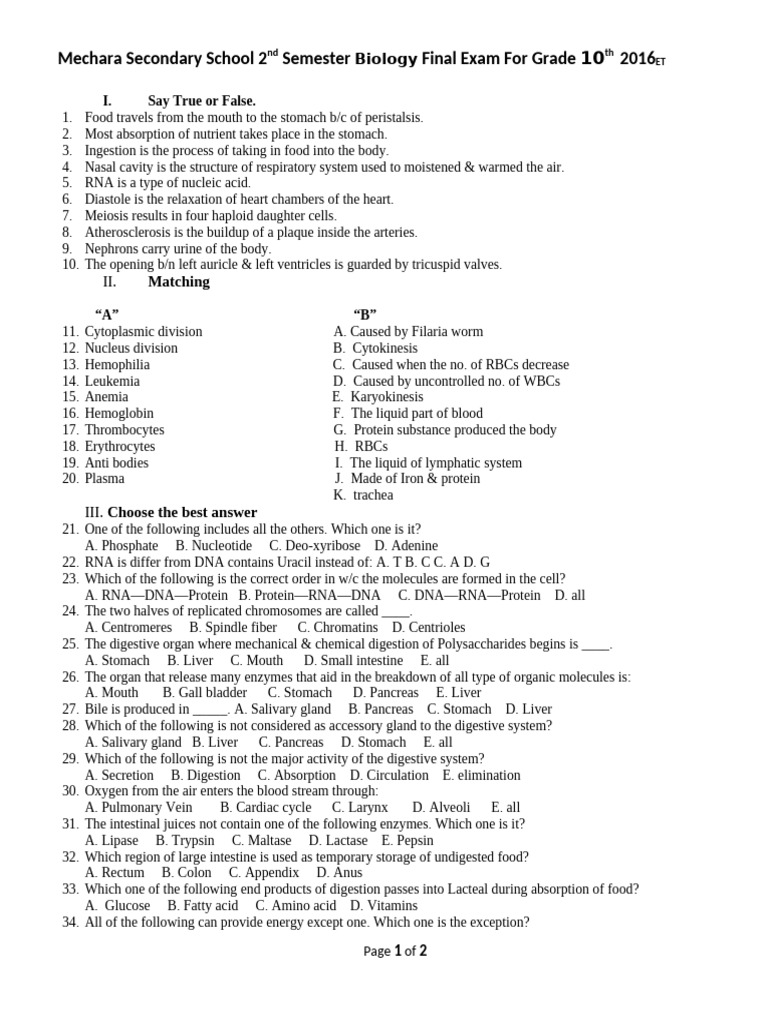 Grade 10 Biology Final Exam 2016ET | PDF | Digestion | Lung