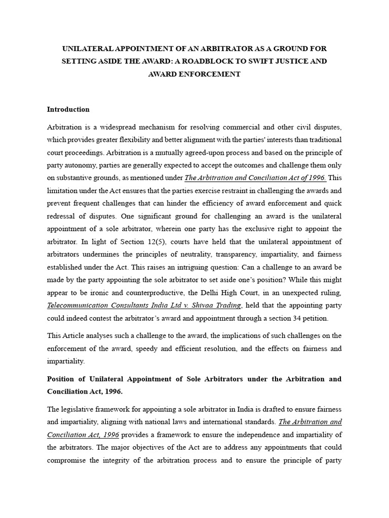 Unilateral Appointment of an Arbitrator as a Ground for Setting Aside ...