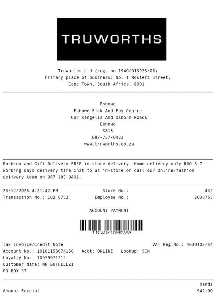 Truworths Eshowe Store Receipt | PDF | Receipt | Money