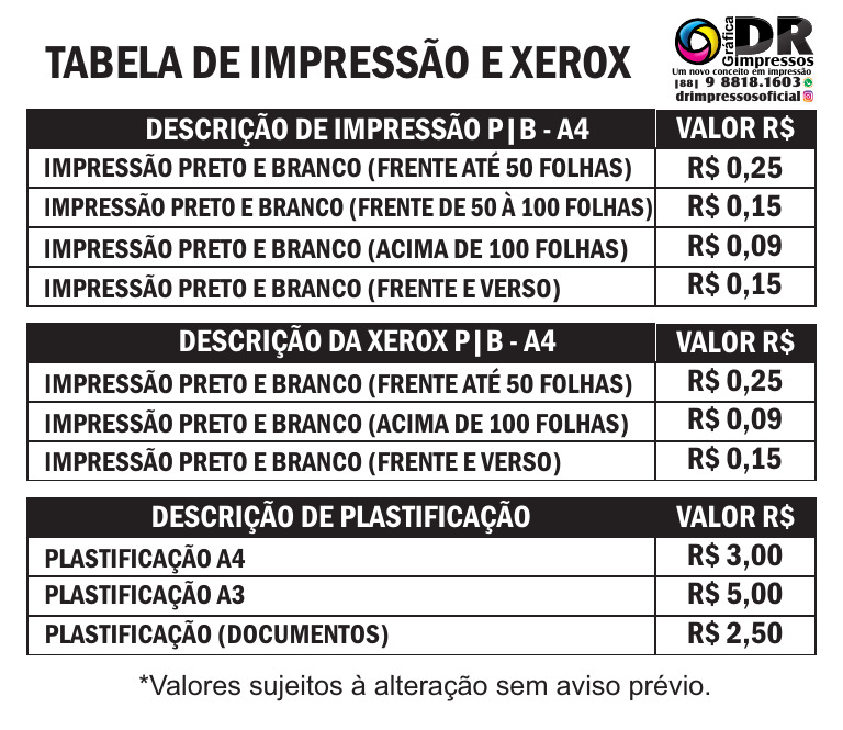 Tabela de Preços de Impressão e Xerox | PDF