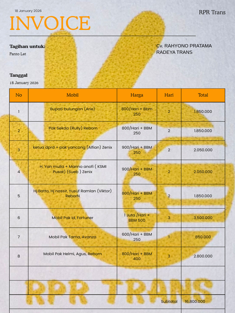 Invoice Tagihan Mobil RPR Trans 2026 | PDF