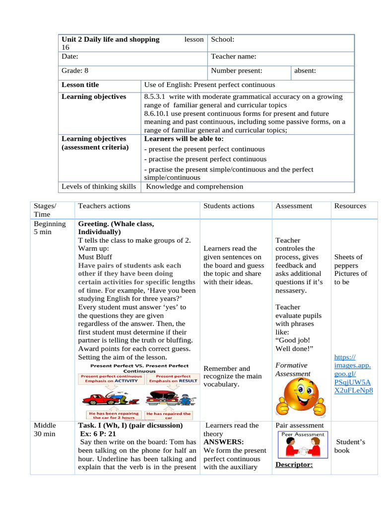 Present Perfect Continuous Lesson Plan | PDF | Verb | Question