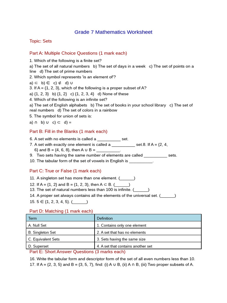 Grade 7 Sets Math Worksheet | PDF | Element (Mathematics) | Number Theory