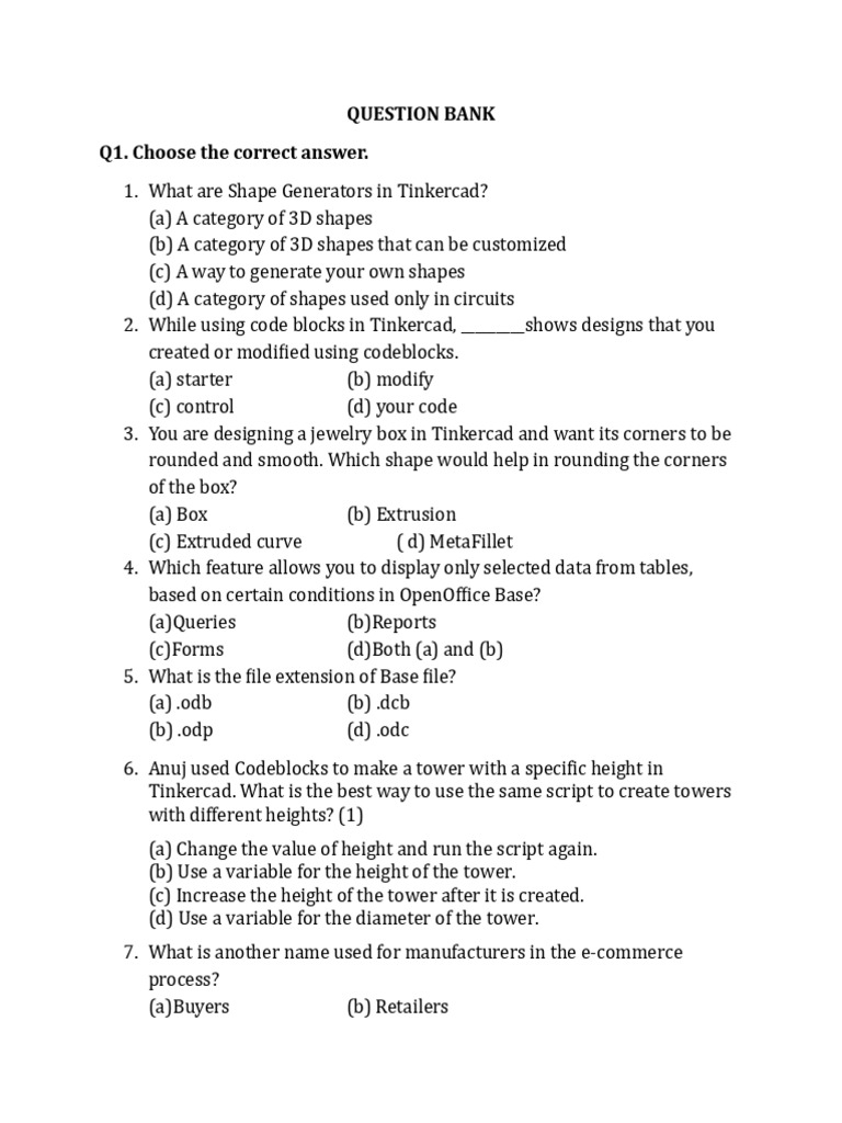Tinkercad and OpenOffice Base Quiz Questions | PDF | Databases | Retail