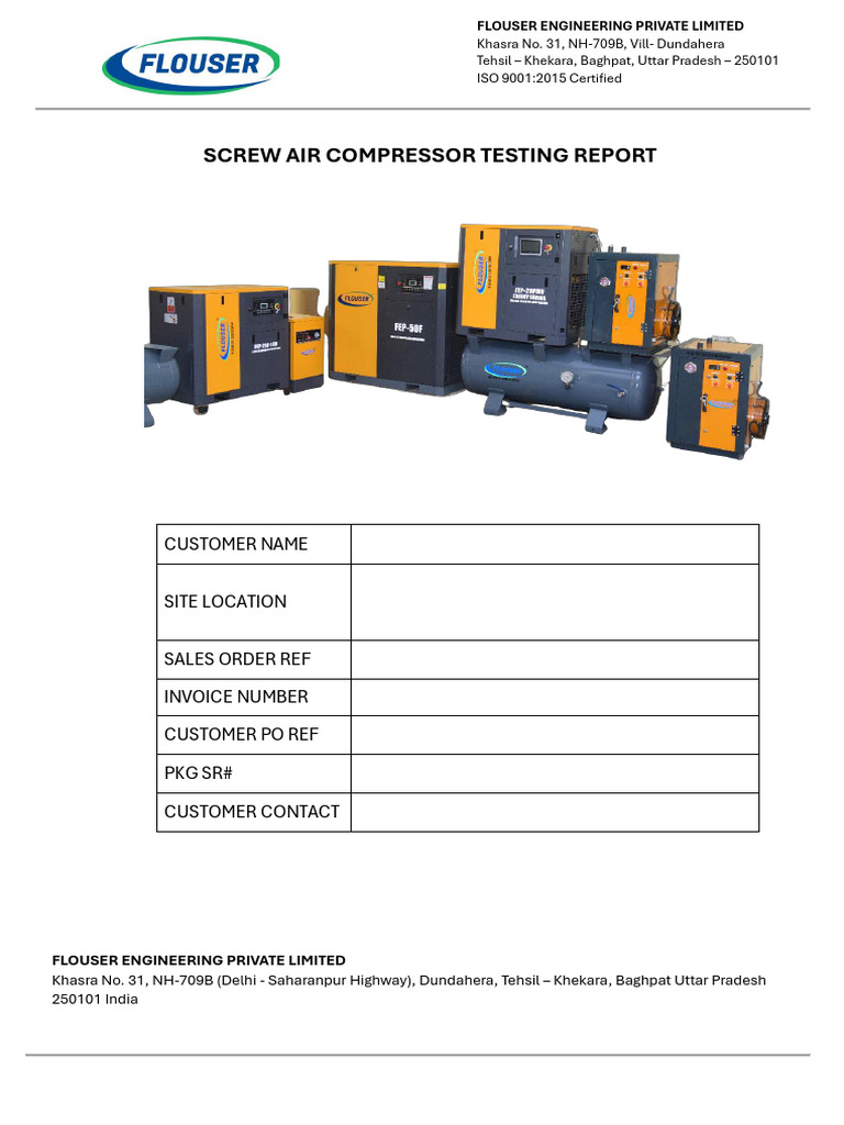 Screw Air Compressor Testing Report | PDF | Gases | Gas Technologies