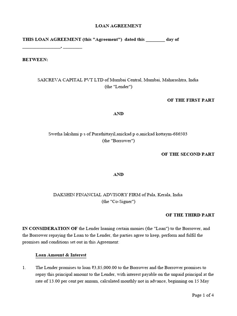 Loan Agreement between Lender and Borrower | PDF | Loans | Interest
