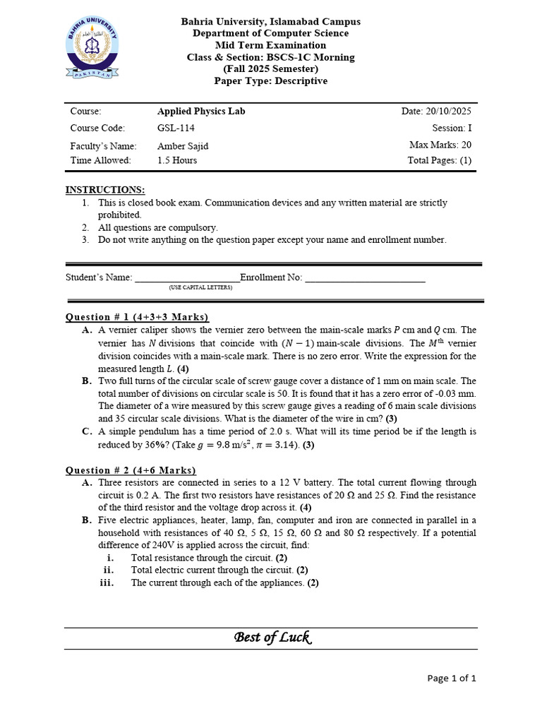 BSCS-1C Applied Physics Lab Exam 2025 | PDF | Resistor | Series And ...