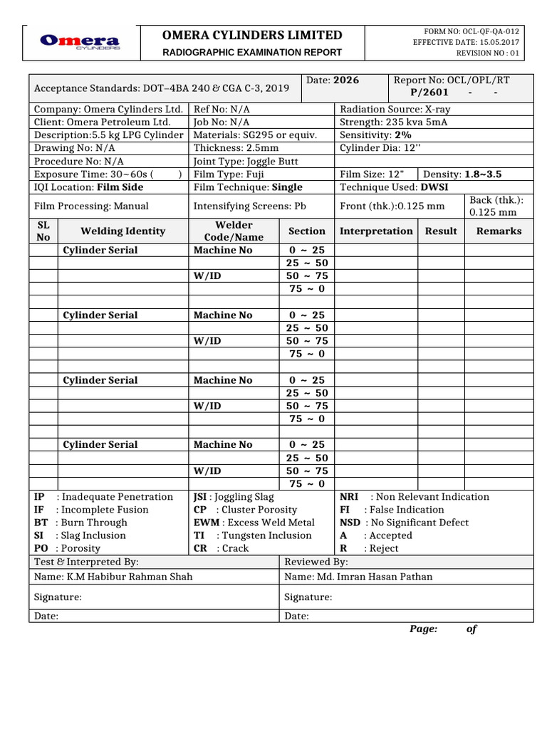 Omera Cylinders Radiographic Report | PDF | Welding | Construction