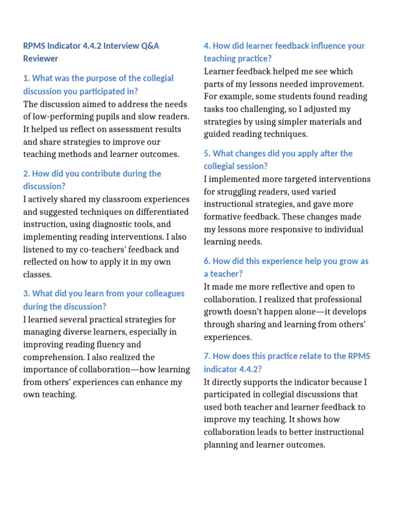 RPMS 4.4.2: Improving Teaching Strategies | PDF | Learning Methods ...