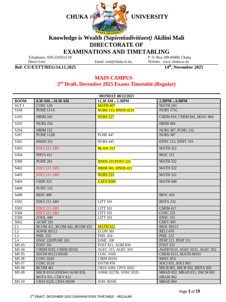 Chuka University December 2025 Exam Timetable | PDF