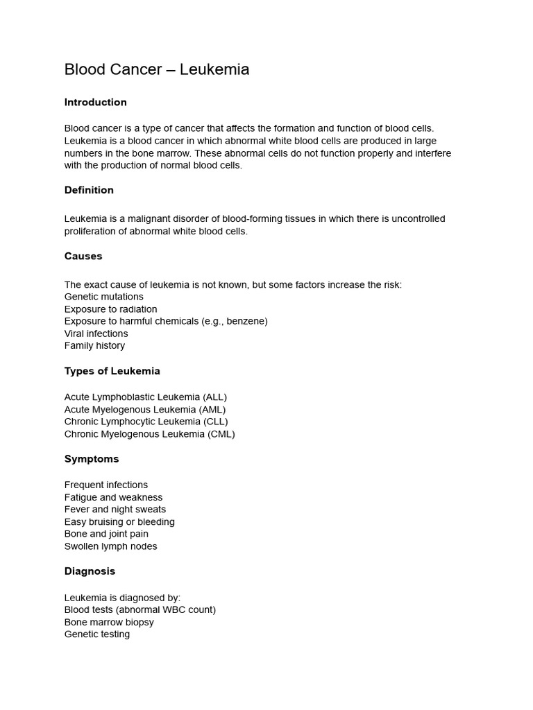 Understanding Leukemia: Types, Symptoms, and Treatment | PDF