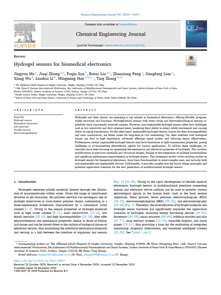 Hydrogel Sensors in Biomedical Electronics | PDF | Gel | Polymers