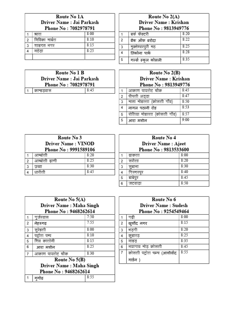 Bus Routes and Driver Contacts List | PDF