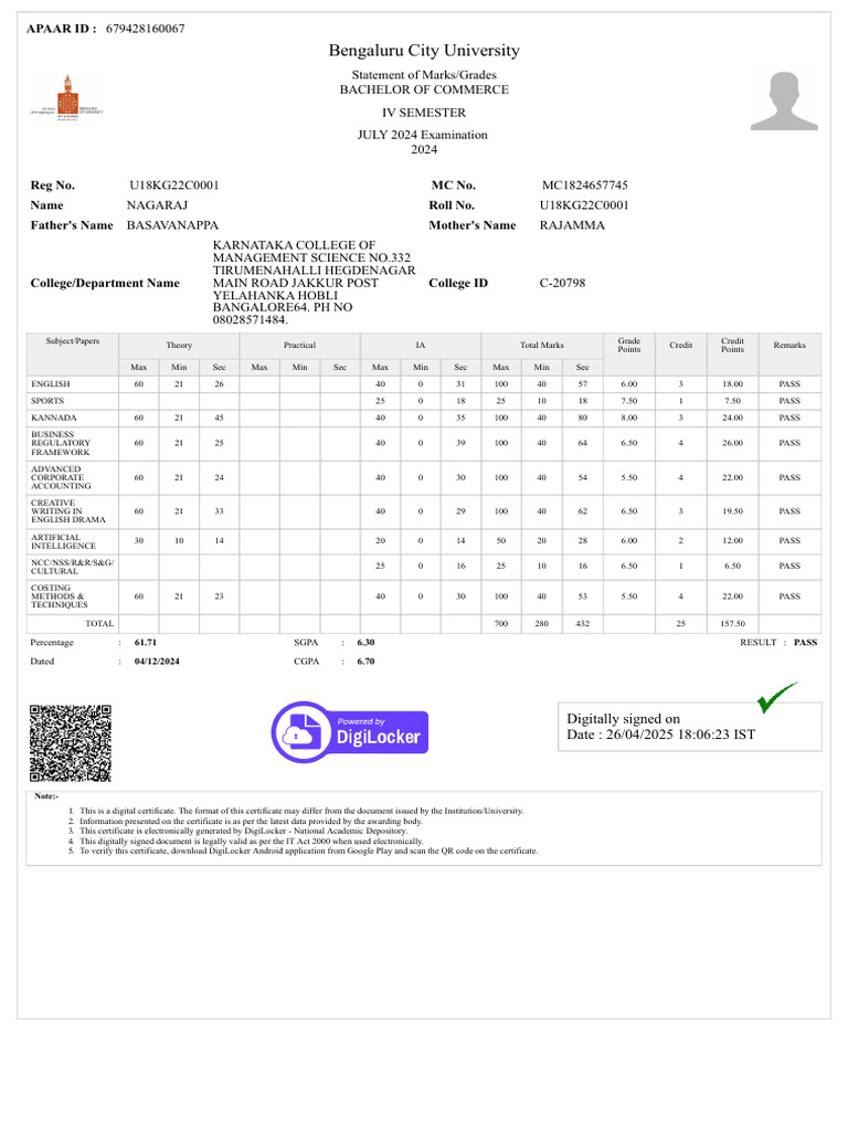 B.Com IV Semester Marks Statement 2024 | PDF