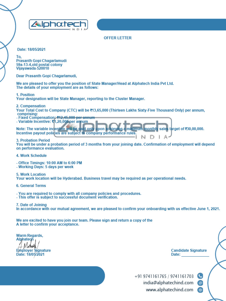Alphatech Offer Letter | PDF
