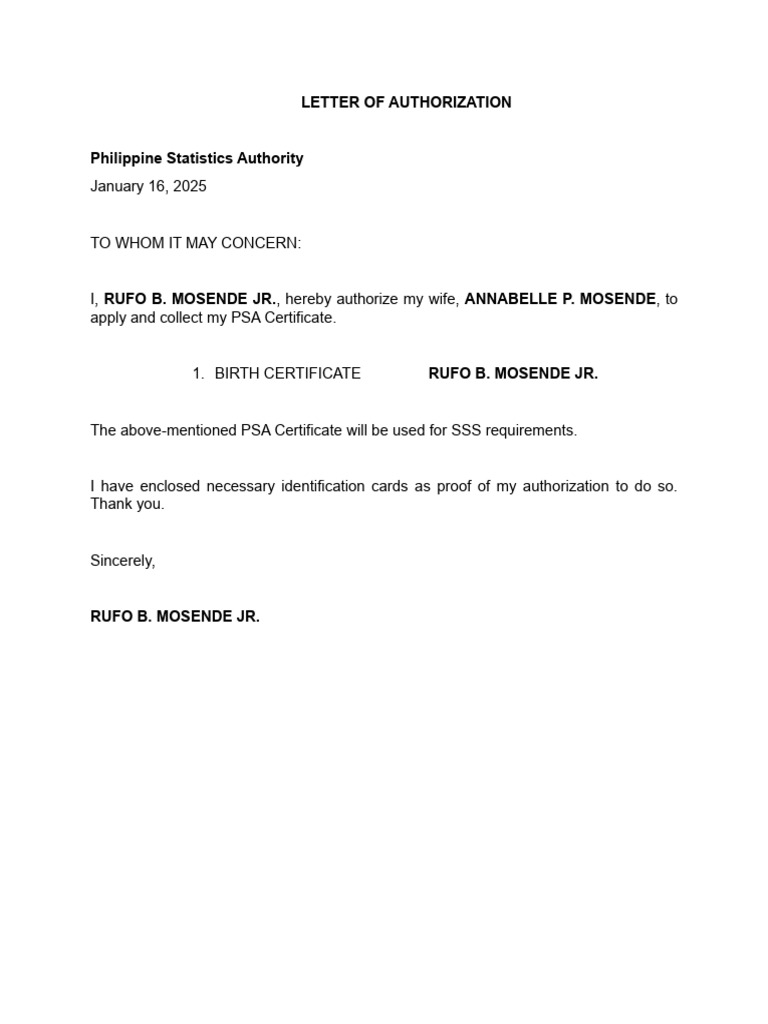 Authorization Letter for PSA Certificate | PDF