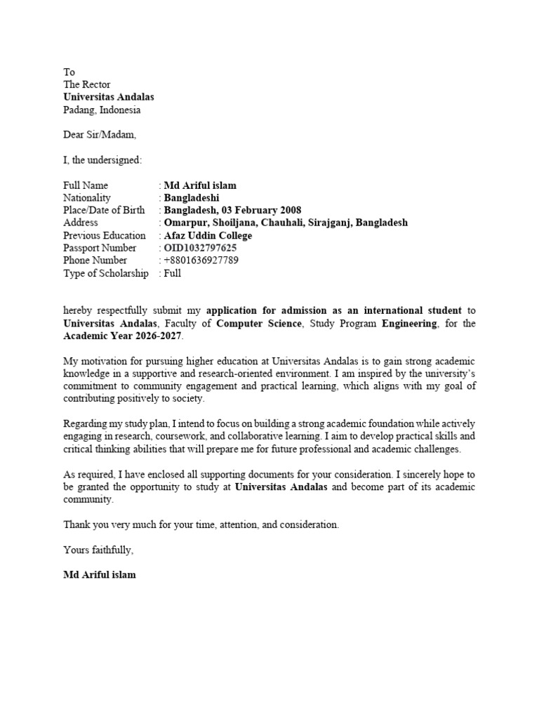 Application Letter Addressed to Rector | PDF