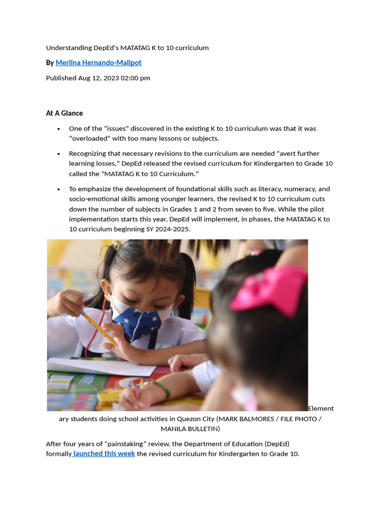 DepEd's MATATAG K to 10 Curriculum Overview | PDF | Curriculum | Learning
