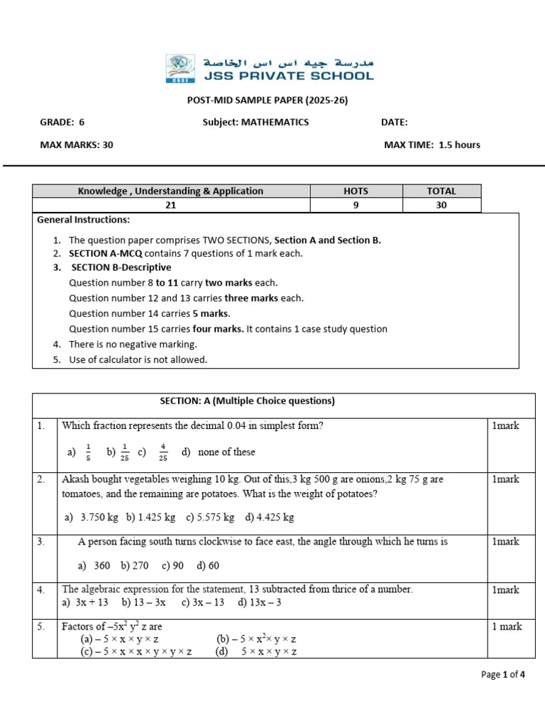 G6 Math Post-Mid Sample Paper 2025-26 (1) | PDF | Rectangle | Mathematics