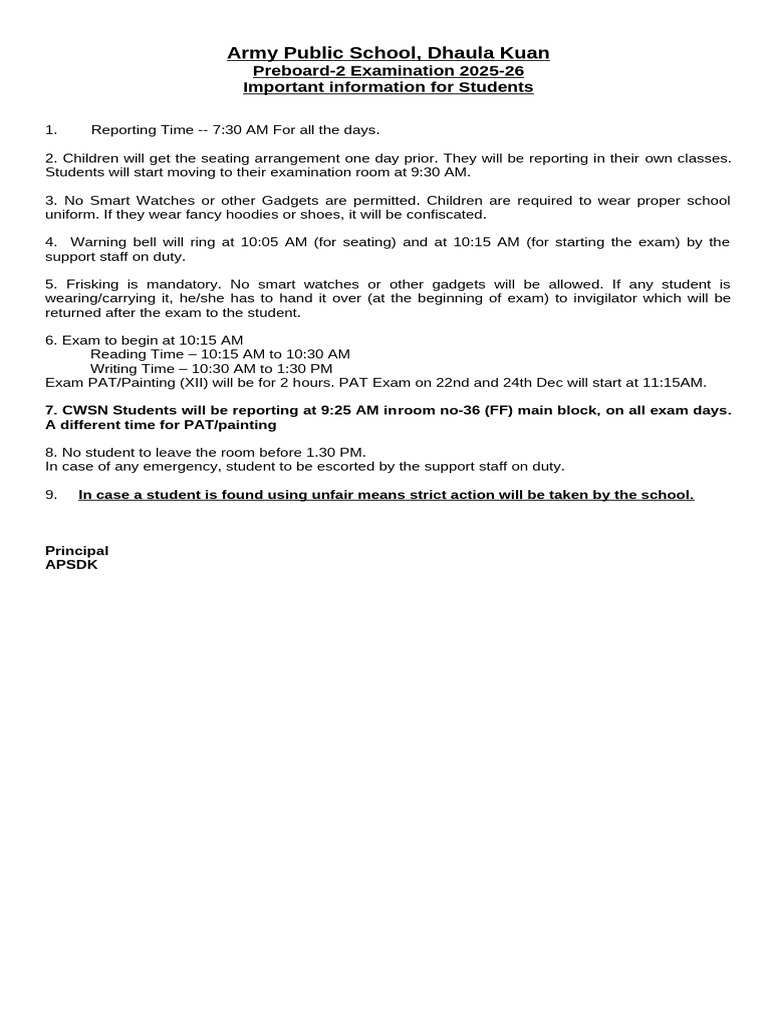 Army Public School Exam Guidelines 2023 | PDF