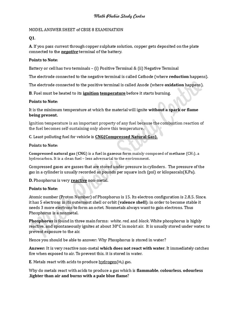 Model Answer Sheet of Cbse 8 | PDF | Anode | Combustion