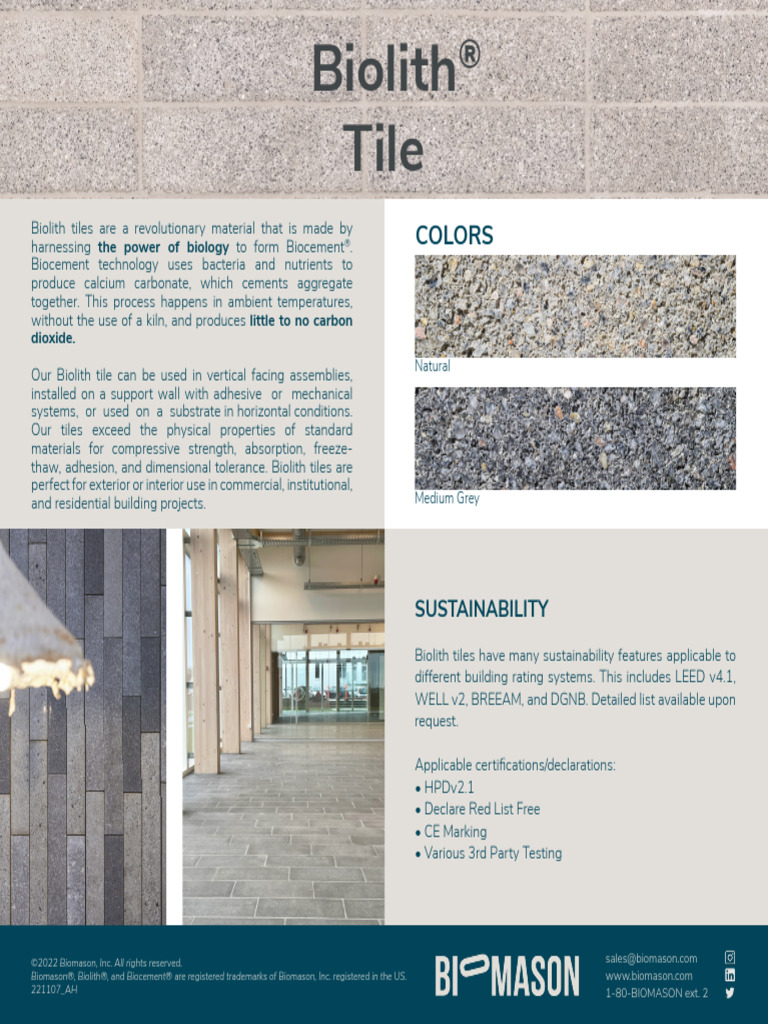 Biolith Tiles: Sustainable Biocement Solutions | PDF | Tile | Building ...