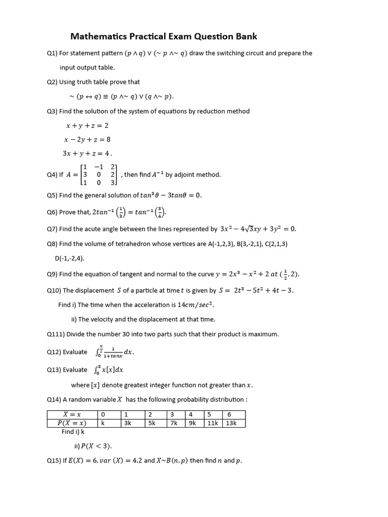 Mathematics Practical Exam Questions | PDF