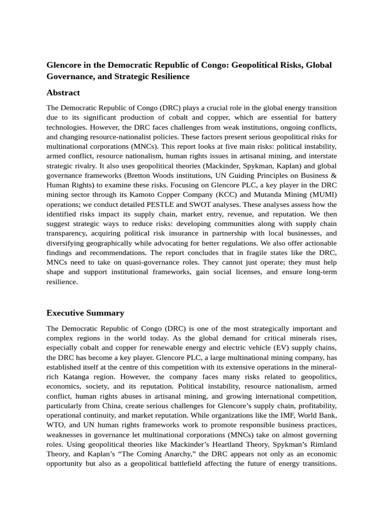 Glencore's Geopolitical Risks in DRC | PDF | Cobalt | Glencore