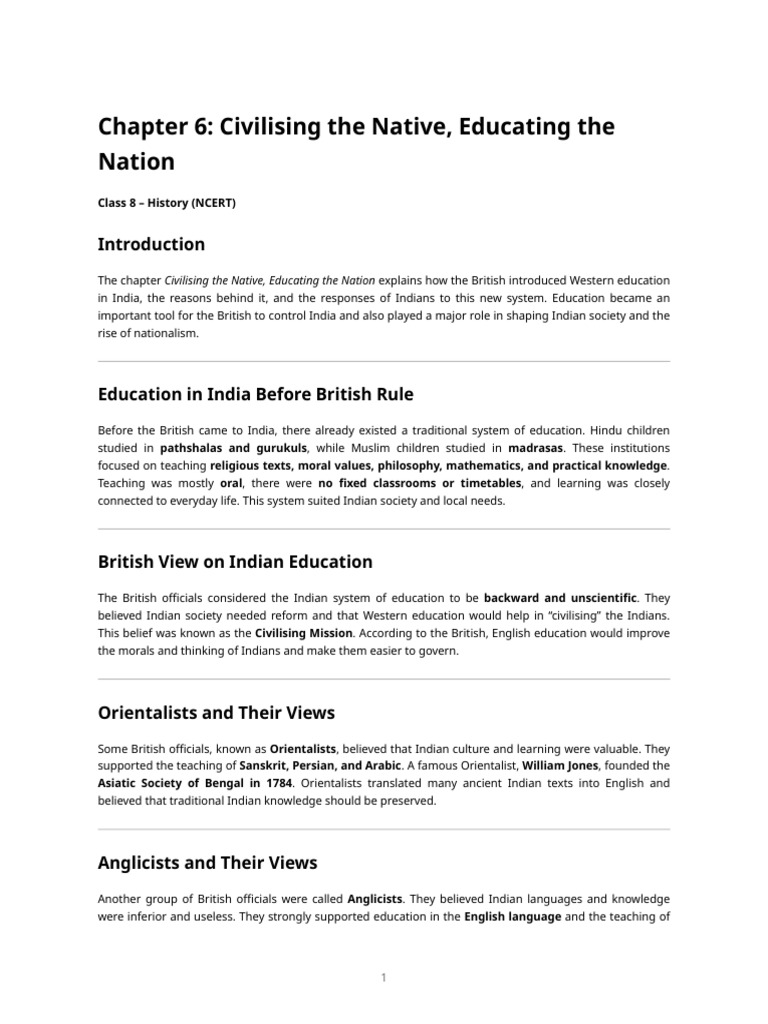 Civilising the Native, Educating the Nation – Full Explanation | PDF ...